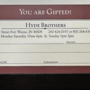 picture of the physical, red and cream colored Hyde Brothers Gift Certificate which contains blank fields for to and from, amount, and a signature.